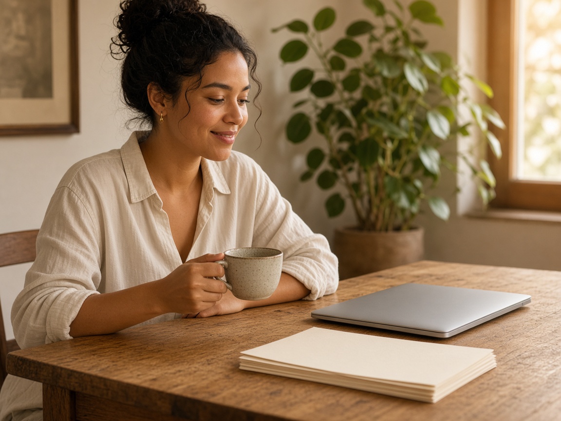 A person at a sunlit table, coffee in hand, with the year's papers beside a closed laptop